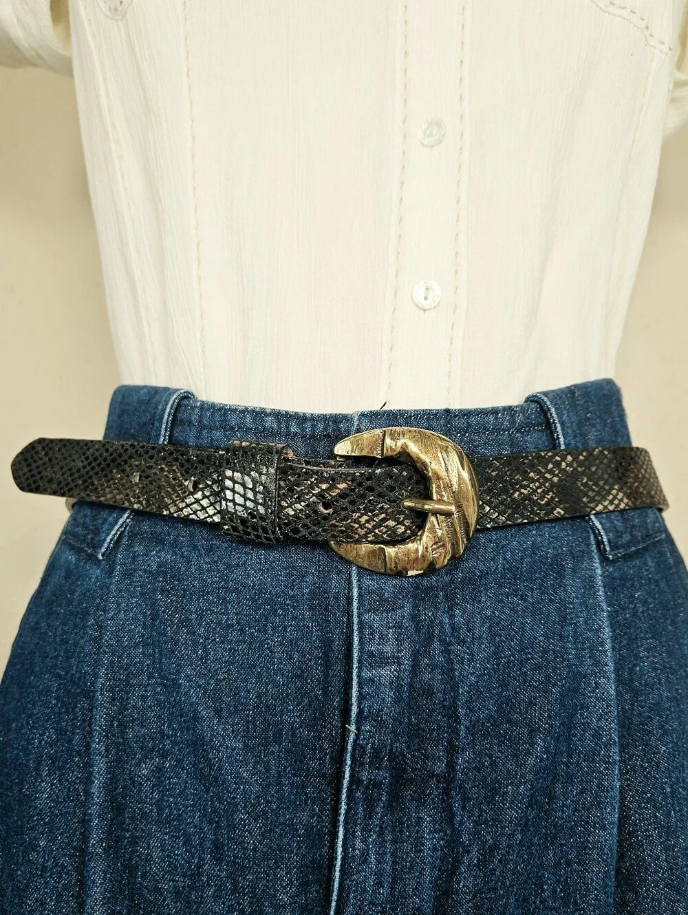 Streets Ahead Snake Embossed Leather Belt Hammered Gold Buckle USA M
